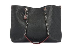 Perforated Large Shopping Tote, Leather, Black/Red, DB, 2*